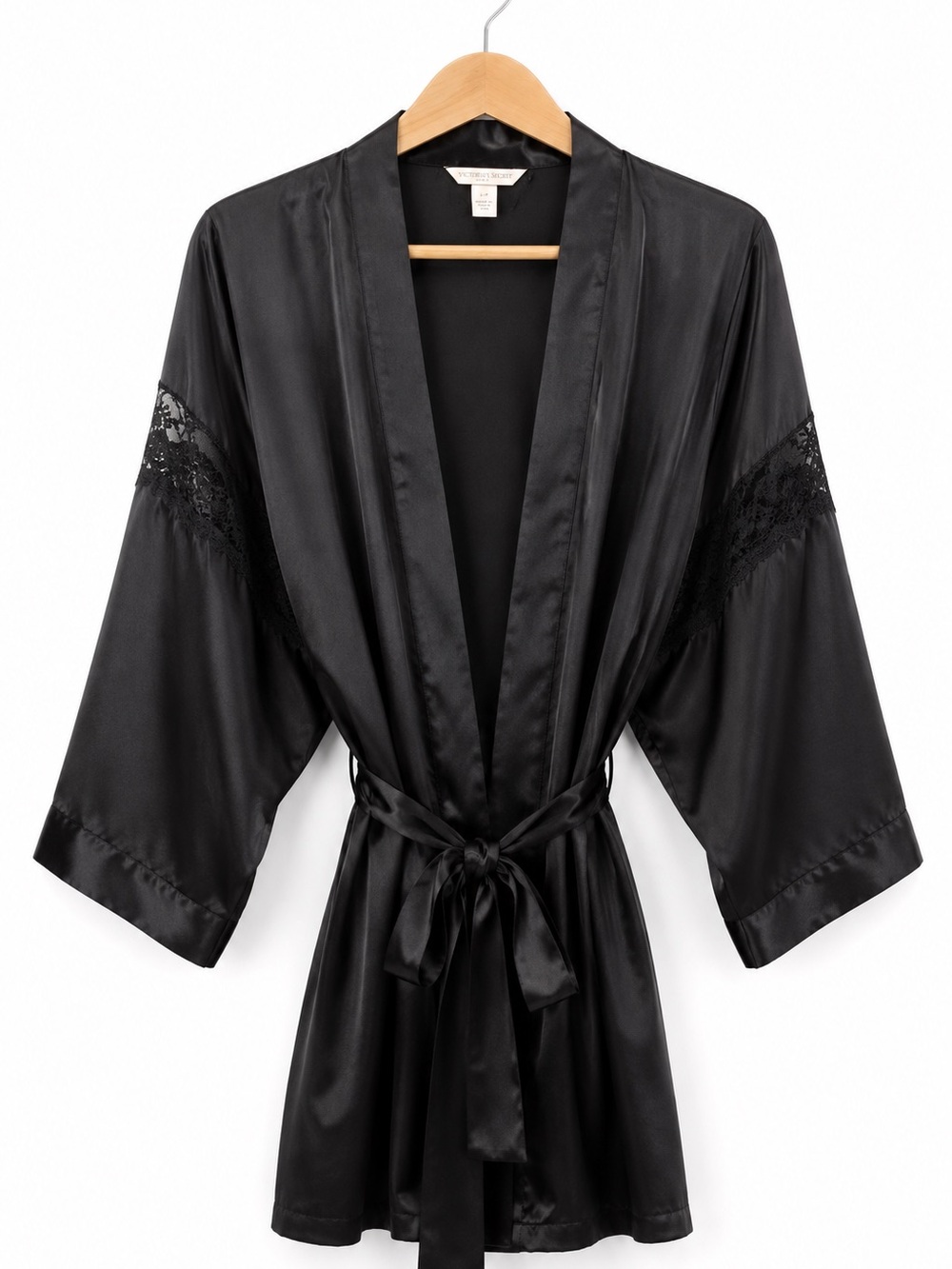 Victoria’s Secret Black Satin Lace Trim Kimono Robe Tie Waist M/L Loungewear